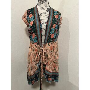Bohemian Short Sleeve Cardigan Open Front Size Medium Floral Print Tie Front